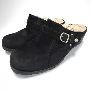 UGG Australia Black Suede Shearling Clog Mule Buckle Womens 9 EU 40